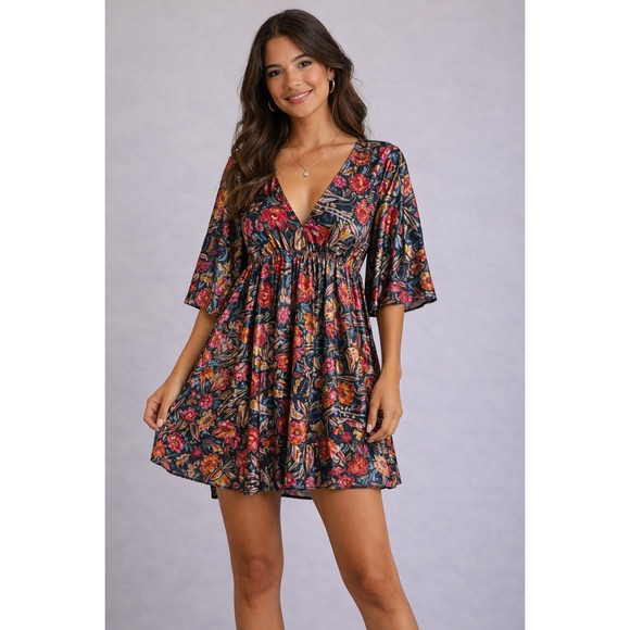 NATURAL LIFE Dresses & Skirts - Natural Life Velvet Floral V-Neck Mini Dress Multi-Color Boho Bell Sleeve Small